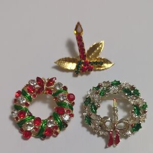 Festive Holiday Brooch Set - Gold, Red, Green